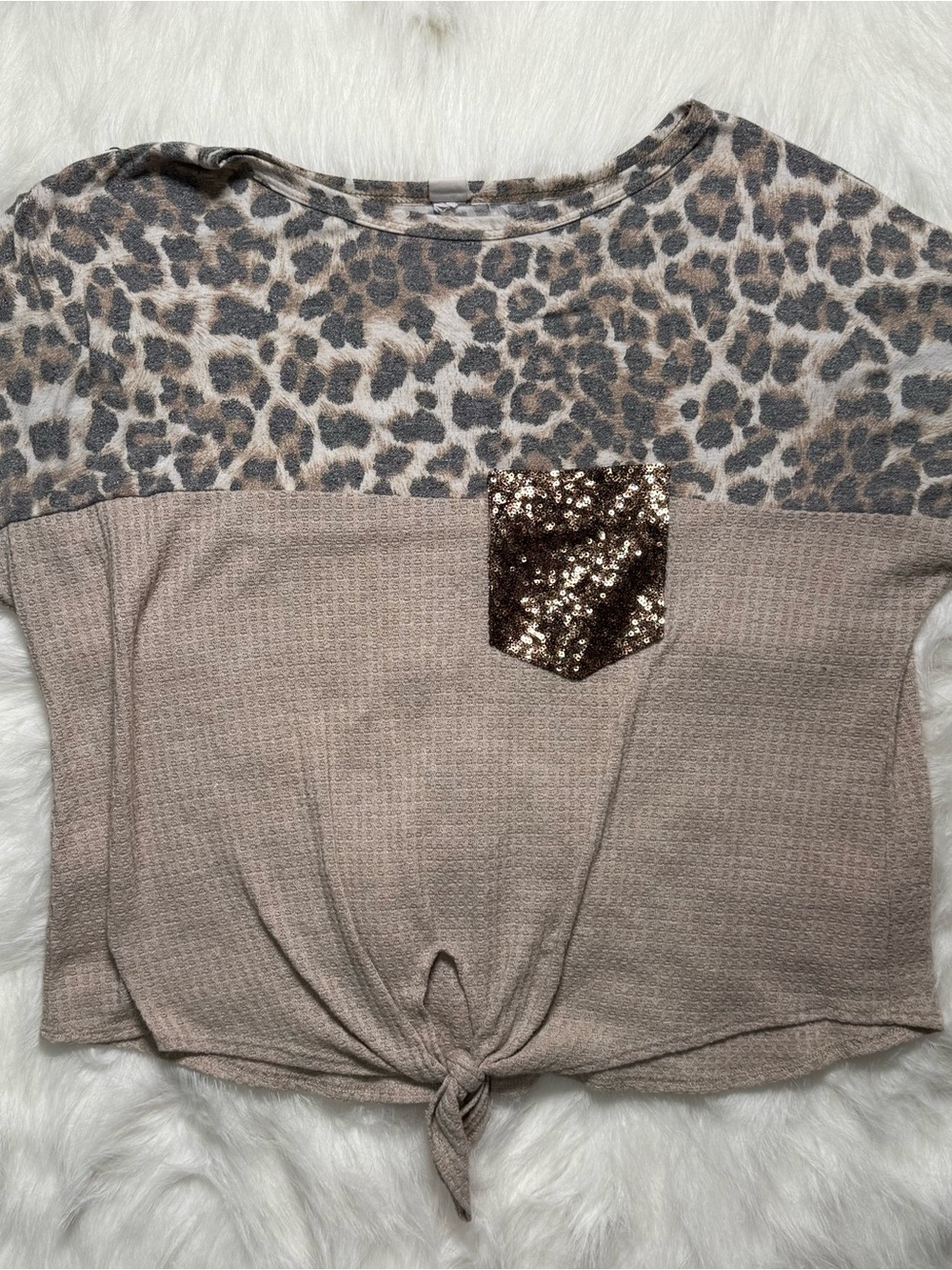 Leopard Colorblock Tie-Front Crop Top with Sequin Pocket - Taupe